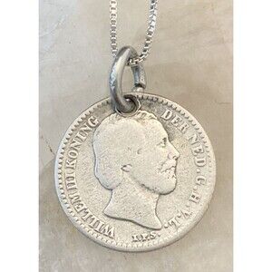 Antique Netherlands 1882 Silver 10 Cent Wilhem III Coin Pendant 18'' Necklace 3g